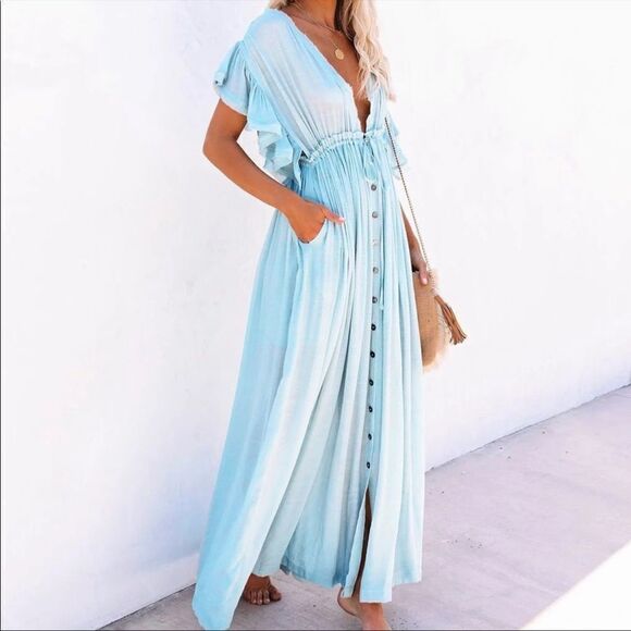 🎉HP🎉Seafoam Blue Boho Gauze Button Front Maxi Dress - Picture 3 of 12
